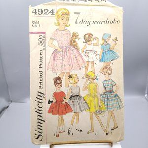 Vintage Sewing PATTERN Simplicity 4924, Girls 1963 One Piece Dress and Bonnet